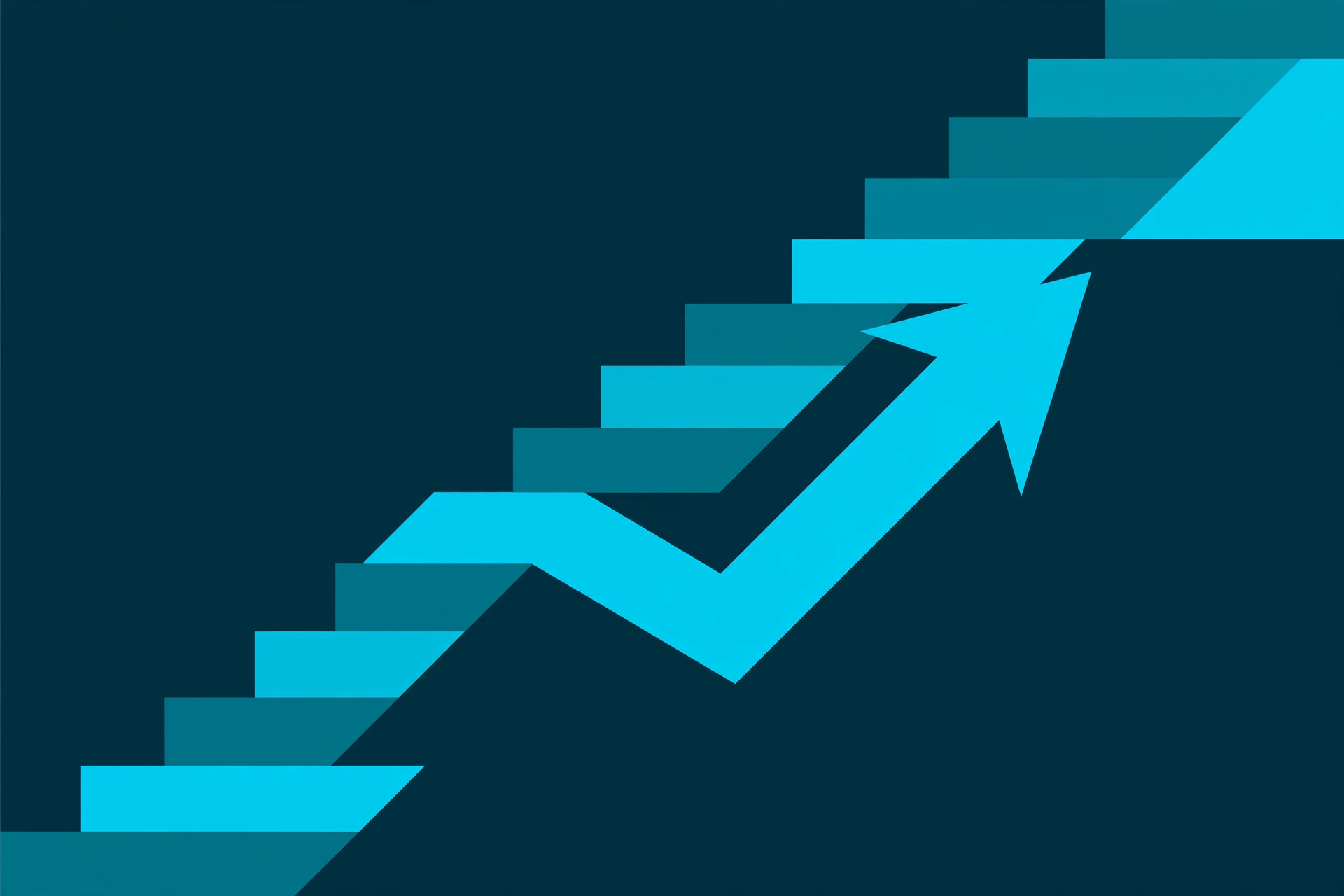 Abstract illustration of rising steps with a forward arrow, in teal and cyan