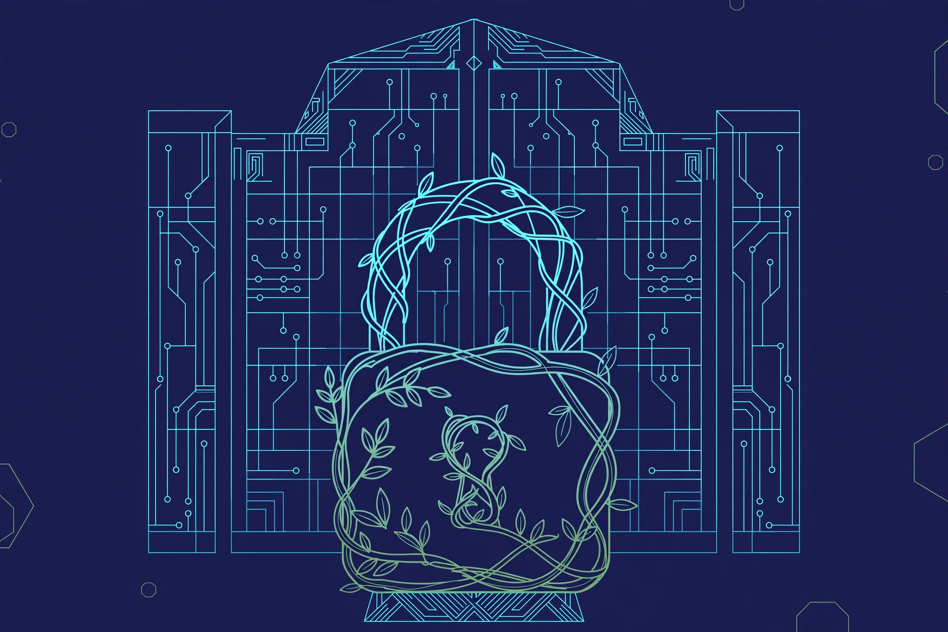 Line illustration of a padlock formed from vines standing before a gate drawn as circuit traces, in cyan on navy